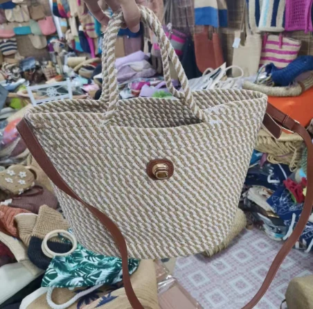 Handwoven Cotton Rope Women Bag With PU Long Handle