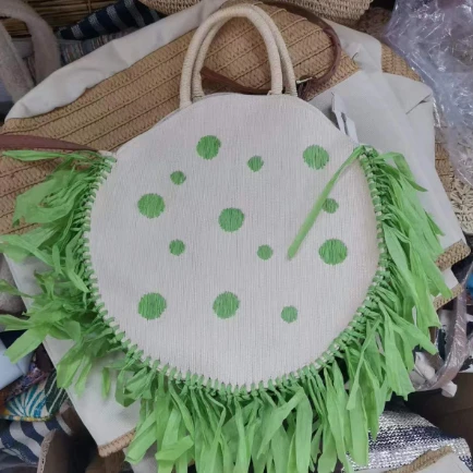 Green Paper Embroidery Round Bag With Tassels