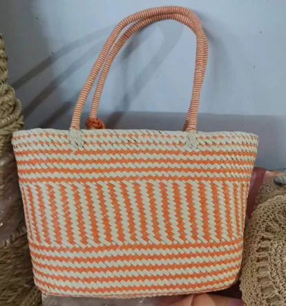 Orange&beidge Paper Woven Big Tote Bag