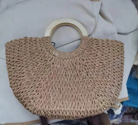 Wooden Handles Paper Woven Beach Bag