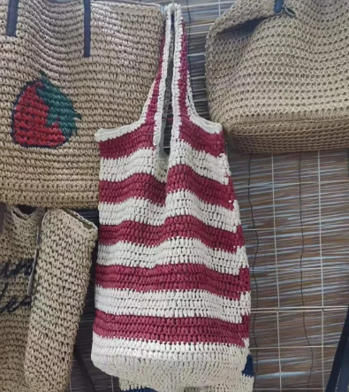 Red Stripe Crochet Handmade Paper Straw Shopping Bag