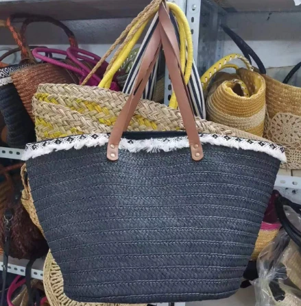 Black Paper Woven Beach Bag With Lace