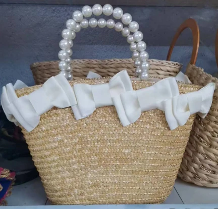 Peral Handles Natural Wheat Women Straw Bag