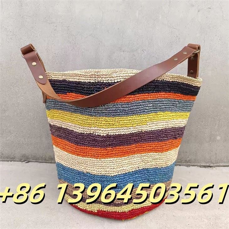 Colorful Raffia Bucket With Real Leather
