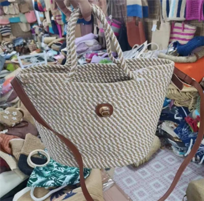 Handwoven Cotton Rope Women Bag With PU Long Handle