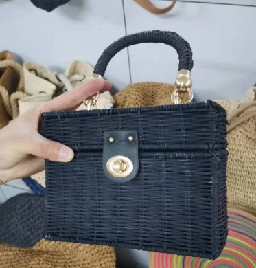 Natural Rattan Black Crossbody Bag
