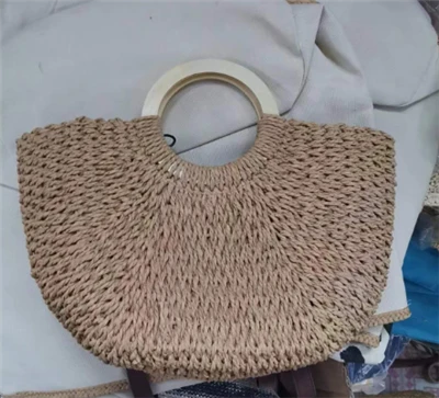 Wooden Handles Paper Woven Beach Bag