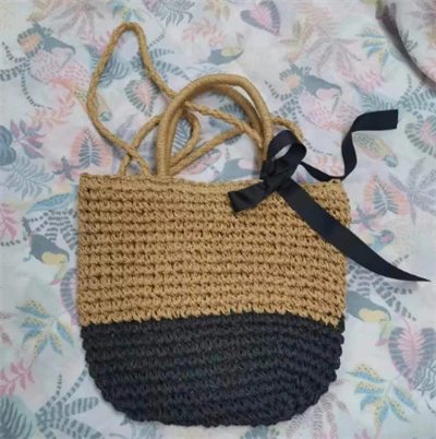Brown&black Long Handle Paper Woven Bag
