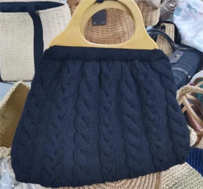 Wool Black Women Handbag With Wooden Handles