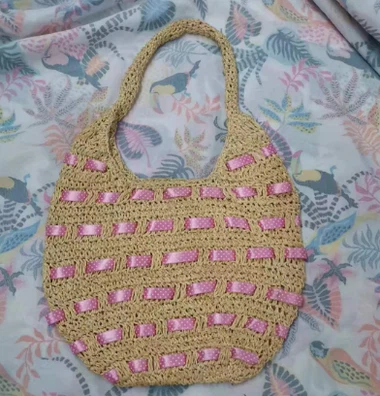 Ribbon Paper Crochet Straw Shoulder Bag