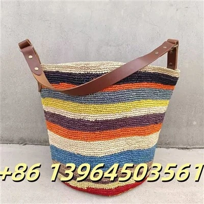 Colorful Raffia Bucket With Real Leather